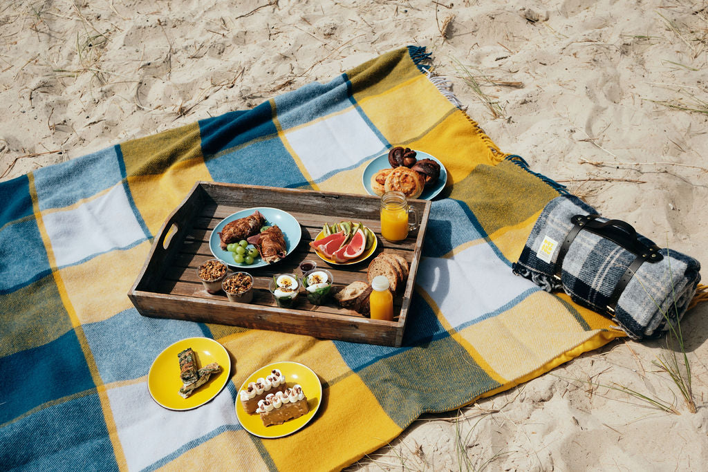 Wool Ink Blue & Yellow Picnic Blankets with Waterproof Backing