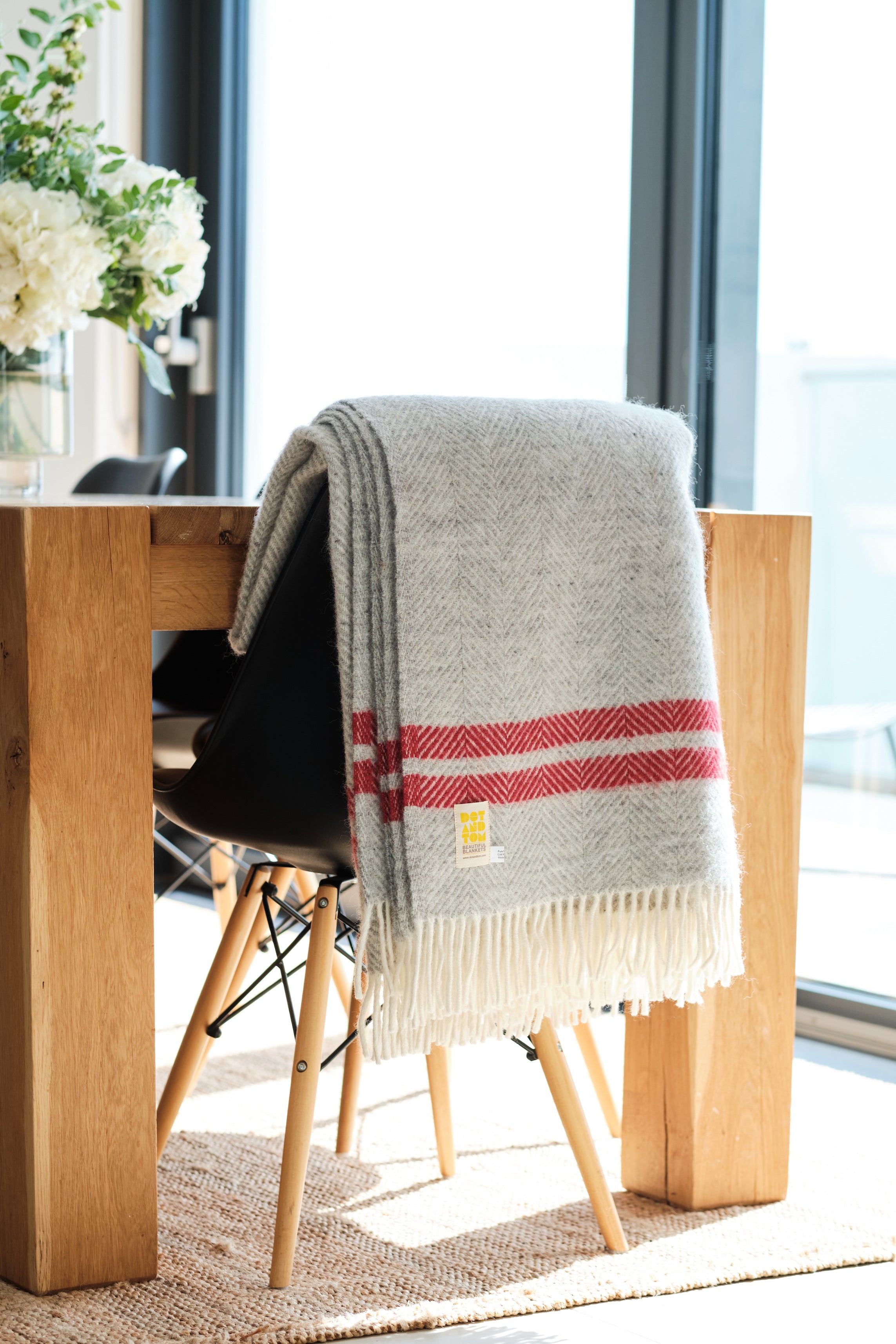 Pure New Grey and Red Wool Home Throw with Stripe - Dot&Tom.com